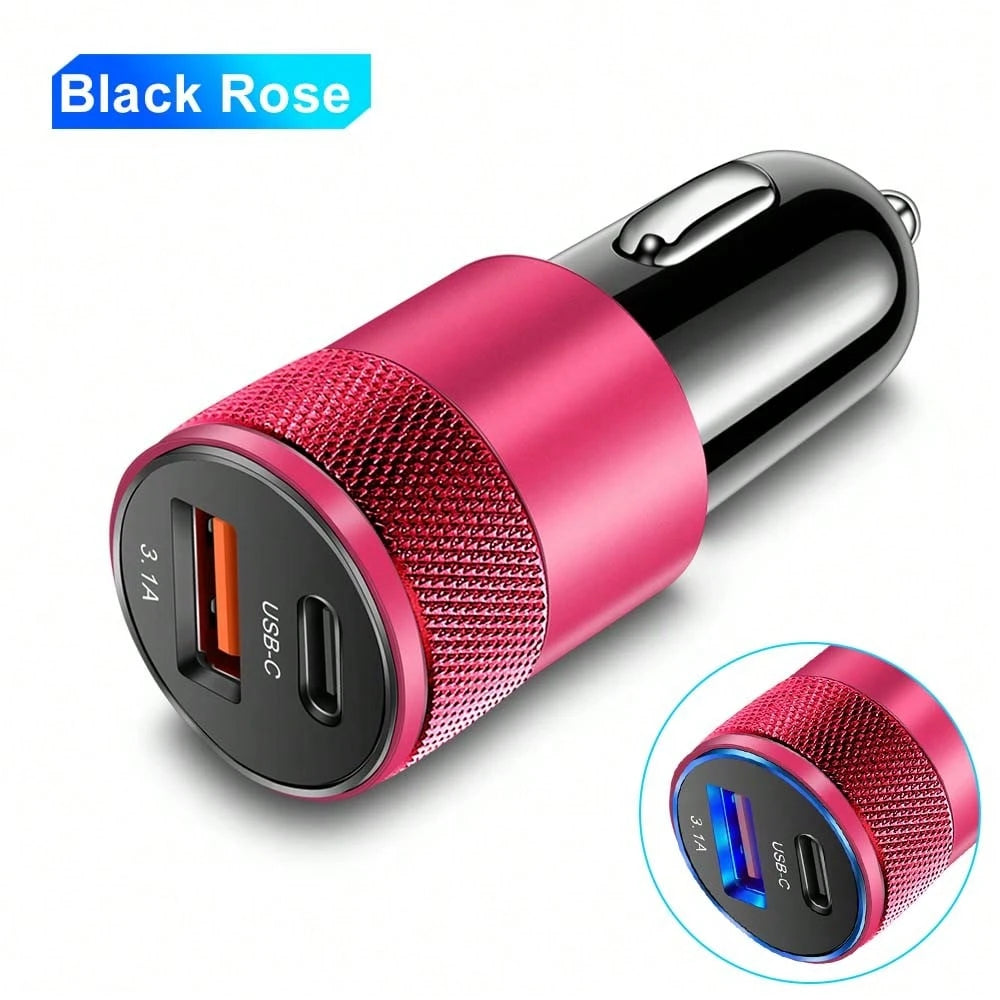 XJDR 1pc 3.1A Dual Port USB Car Charger With USB-A And USB-C Ports, Aluminum Alloy Metal Fast Charging Adapter