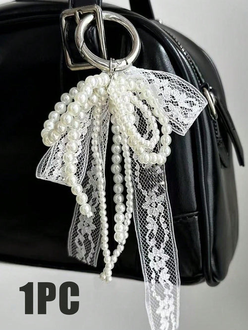 Y2K Cute Minimalist Fashion Beaded Pearl Bow, Bow Ribbon, Multi-Functional DIY Keychain/Bag Charm Set, Suitable For Couples, Women, Girls And Best Friends For Daily Wear. An Ideal Gift For Holidays.
