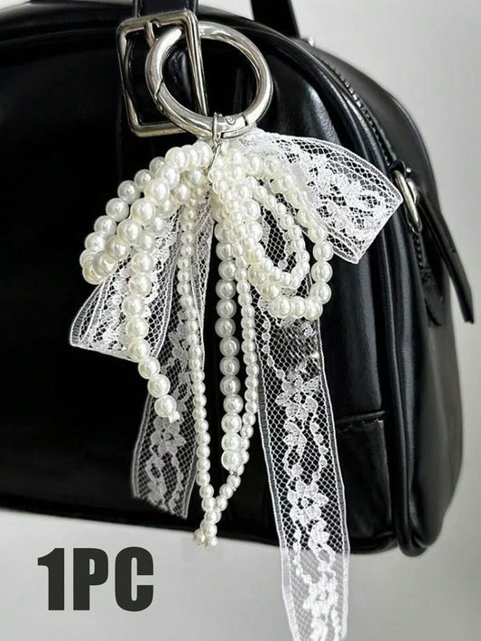 Y2K Cute Minimalist Fashion Beaded Pearl Bow, Bow Ribbon, Multi-Functional DIY Keychain/Bag Charm Set, Suitable For Couples, Women, Girls And Best Friends For Daily Wear. An Ideal Gift For Holidays.