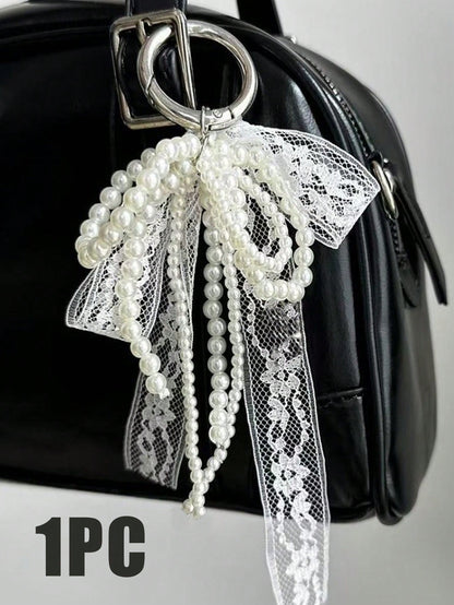 Y2K Cute Minimalist Fashion Beaded Pearl Bow, Bow Ribbon, Multi-Functional DIY Keychain/Bag Charm Set, Suitable For Couples, Women, Girls And Best Friends For Daily Wear. An Ideal Gift For Holidays.