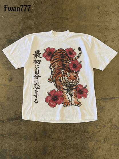 Y2K Retro Japanese Floral And Tiger Print T-Shirt, Suitable For Both Women And Men's Loose And Comfortable Casual Tops, Suitable For Daily Wear S-5XL