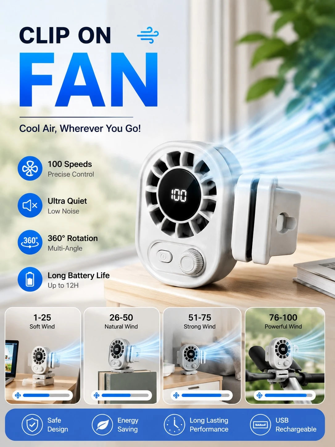 YAIUZGOO LED Display Clip-On Car Fan, 100 Wind Speed Levels, Rechargeable, Multi-Functional Personal Electric Fan For Office, Car, Umbrella, Travel And More