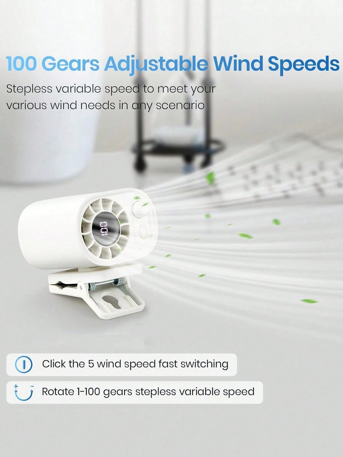 YAIUZGOO LED Display Clip-On Car Fan, 100 Wind Speed Levels, Rechargeable, Multi-Functional Personal Electric Fan For Office, Car, Umbrella, Travel And More