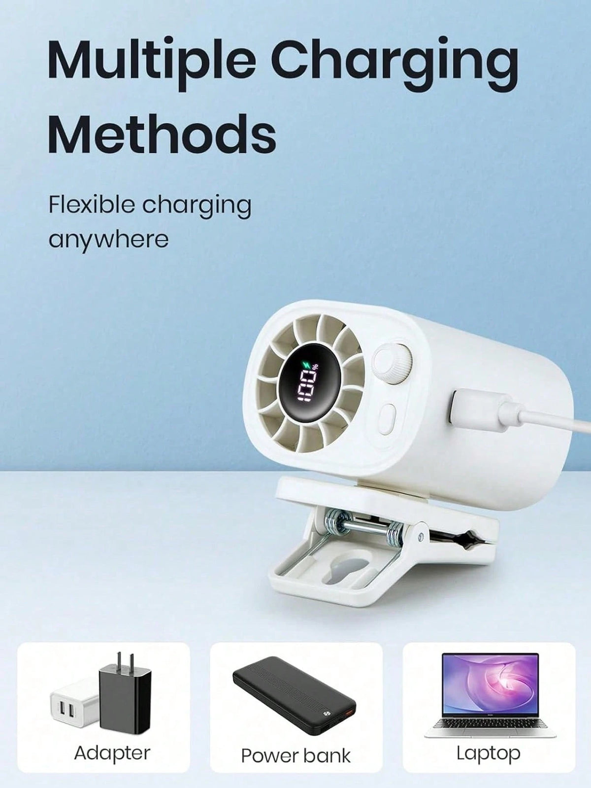 YAIUZGOO LED Display Clip-On Car Fan, 100 Wind Speed Levels, Rechargeable, Multi-Functional Personal Electric Fan For Office, Car, Umbrella, Travel And More