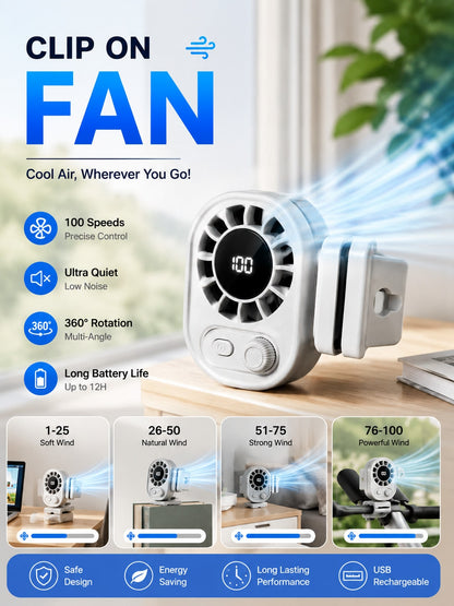 YAIUZGOO LED Display Clip-On Car Fan, 100 Wind Speed Levels, Rechargeable, Multi-Functional Personal Electric Fan For Office, Car, Umbrella, Travel And More