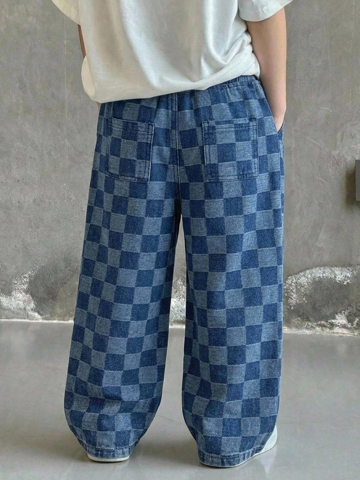 Young Boy Blue Casual Soft Plaid Checkered Denim Loose Wide Leg Baggy Jeans With Pocket, Summer, Back-To-School