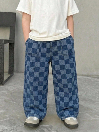 Young Boy Blue Casual Soft Plaid Checkered Denim Loose Wide Leg Baggy Jeans With Pocket, Summer, Back-To-School
