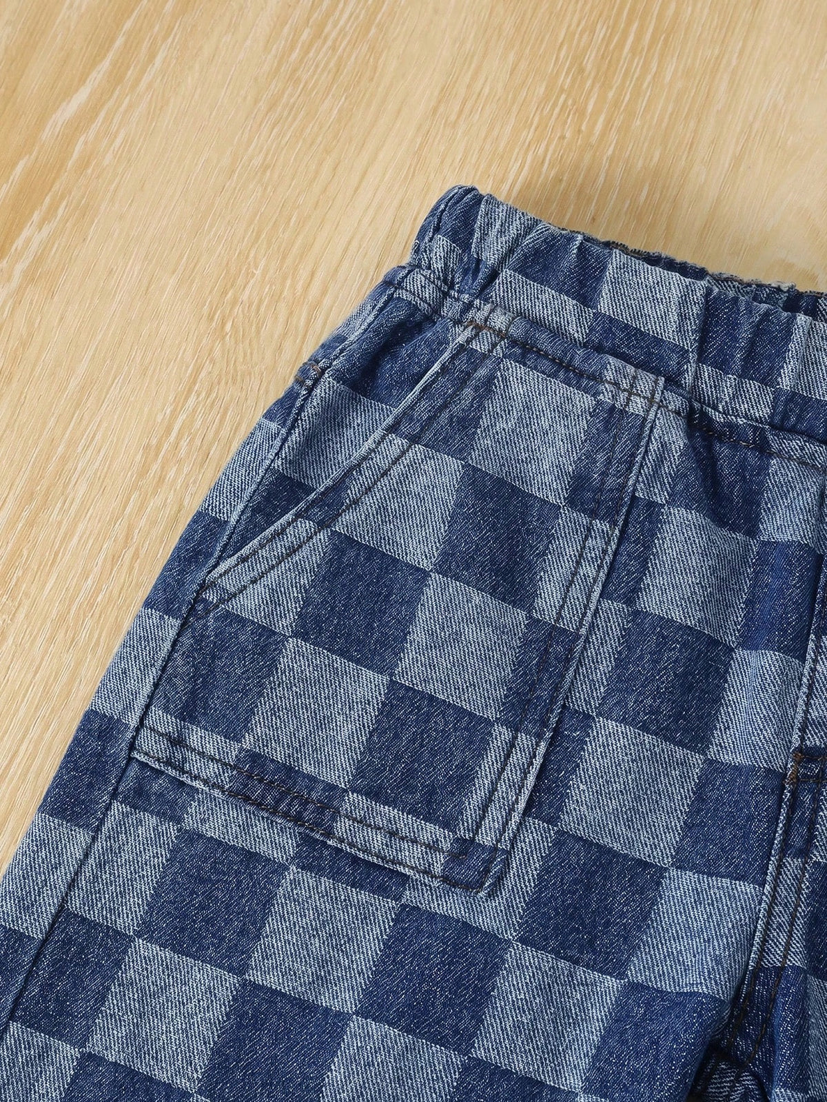 Young Boy Blue Casual Soft Plaid Checkered Denim Loose Wide Leg Baggy Jeans With Pocket, Summer, Back-To-School