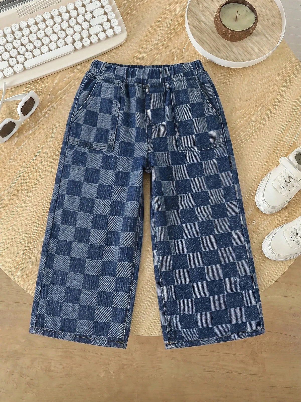 Young Boy Blue Casual Soft Plaid Checkered Denim Loose Wide Leg Baggy Jeans With Pocket, Summer, Back-To-School