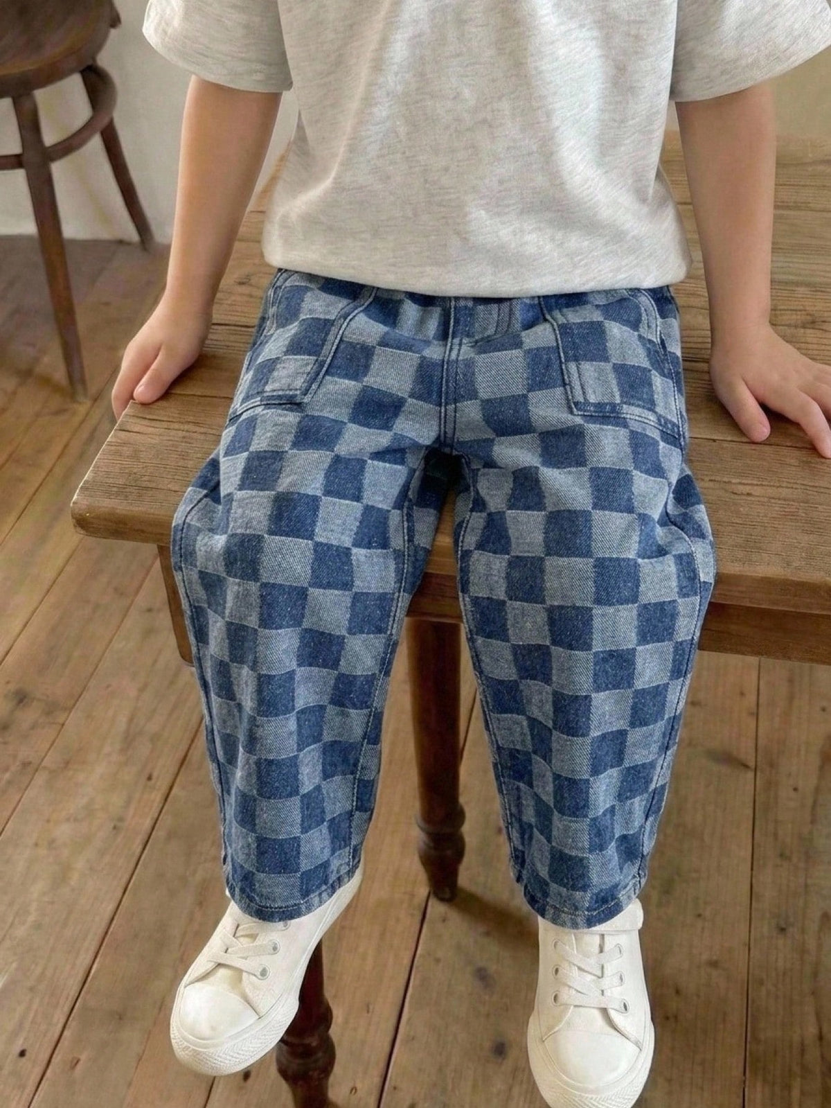 Young Boy Blue Casual Soft Plaid Checkered Denim Loose Wide Leg Baggy Jeans With Pocket, Summer, Back-To-School