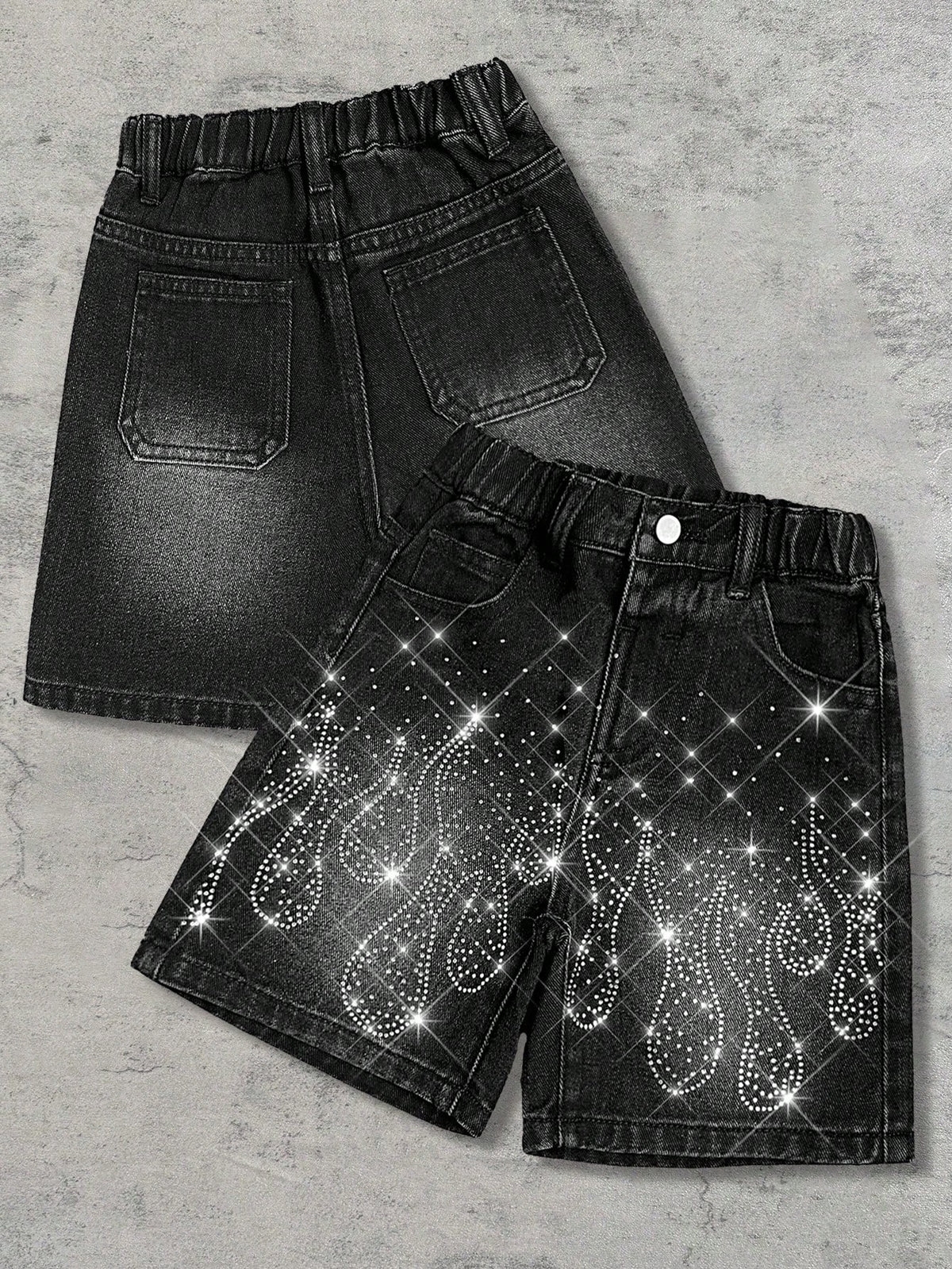 Young Boy Y2k Distressed Street Cool Style Glitter Flame & Rhinestone Decor Loose Fit Black Denim Jeans Shorts, For Kids Spring/Summer Dailywear, Streetwear, Vacation For Boys, Birthday For Boys, Cas