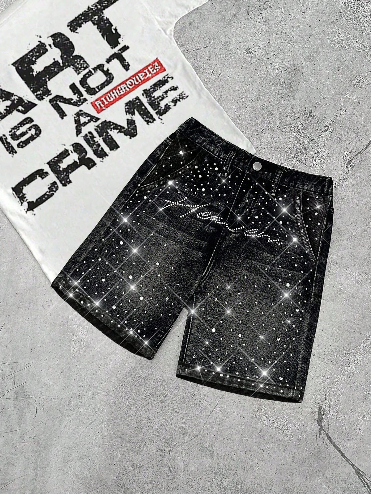 Young Boy Y2k Distressed Street Cool Style Glitter Flame & Rhinestone Decor Loose Fit Black Denim Jeans Shorts, For Kids Spring/Summer Dailywear, Streetwear, Vacation For Boys, Birthday For Boys, Cas