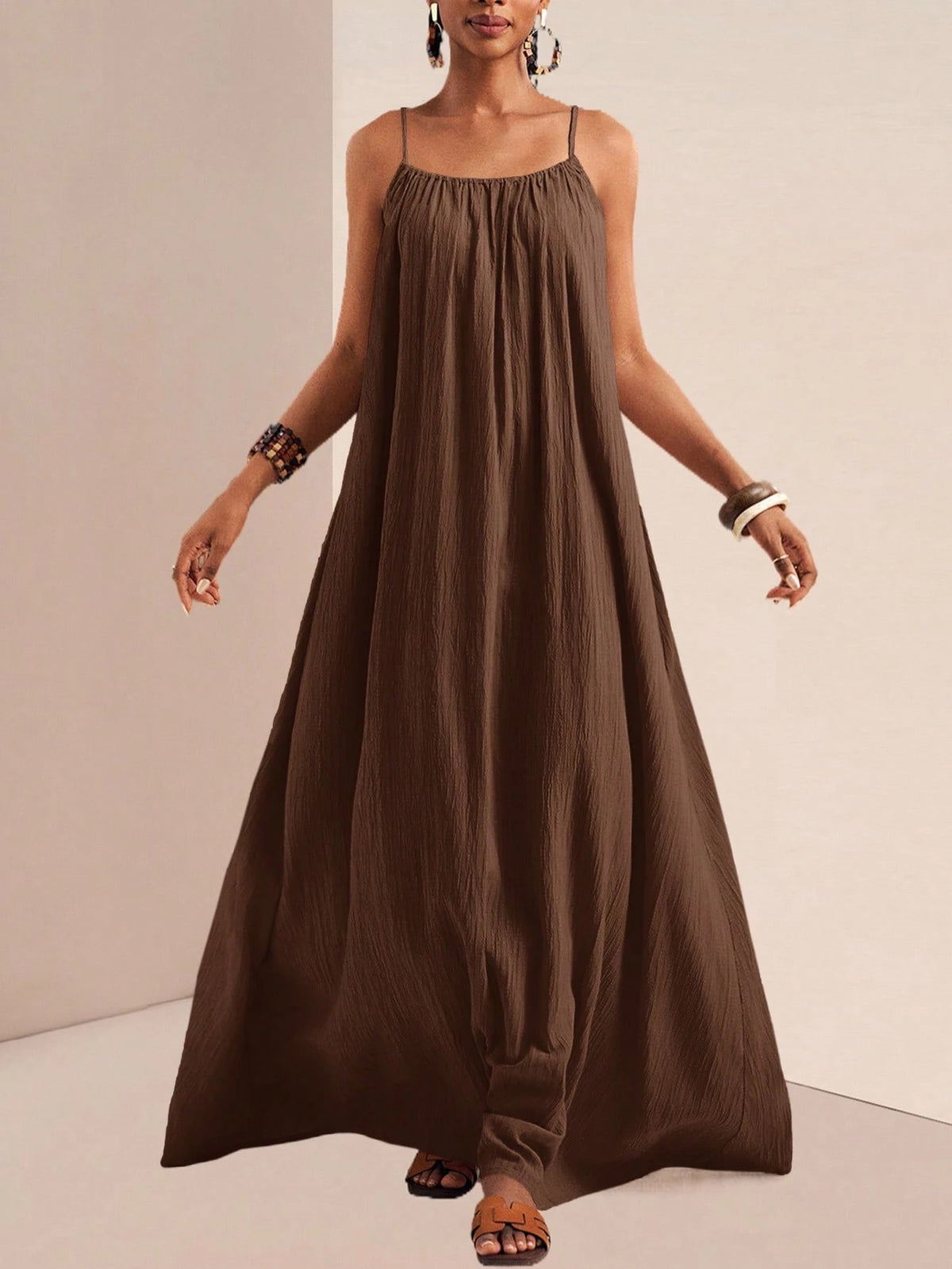 Zivah Women's Coffee Brown Summer Boho Holiday Vacation Holiday Spaghetti Strap Maxi Dress,Loose Fit Vertical Texture Sleeveless Sunbathing Beach Sundress