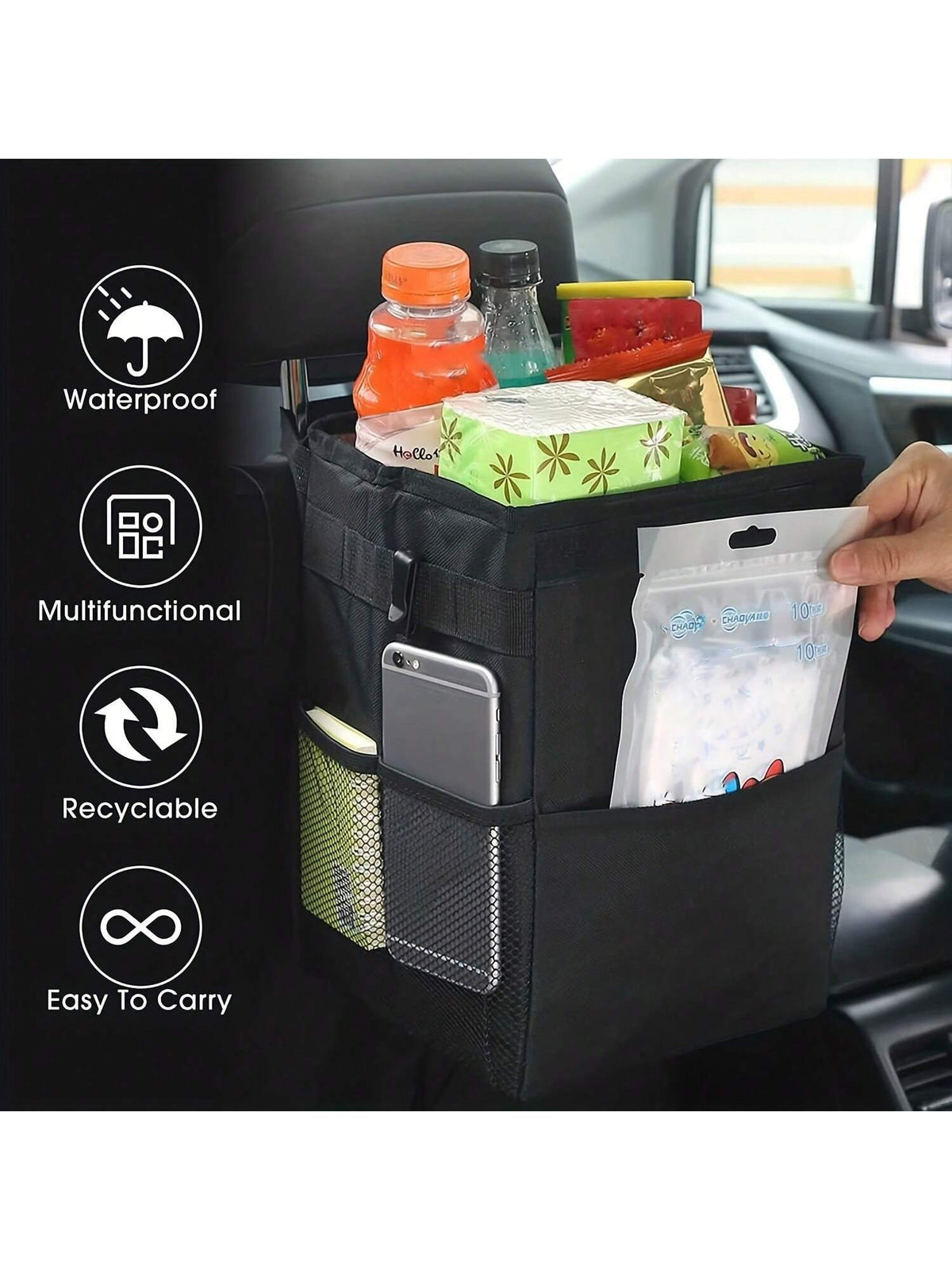 ZukMi 1pc Black Waterproof Car Trash Can